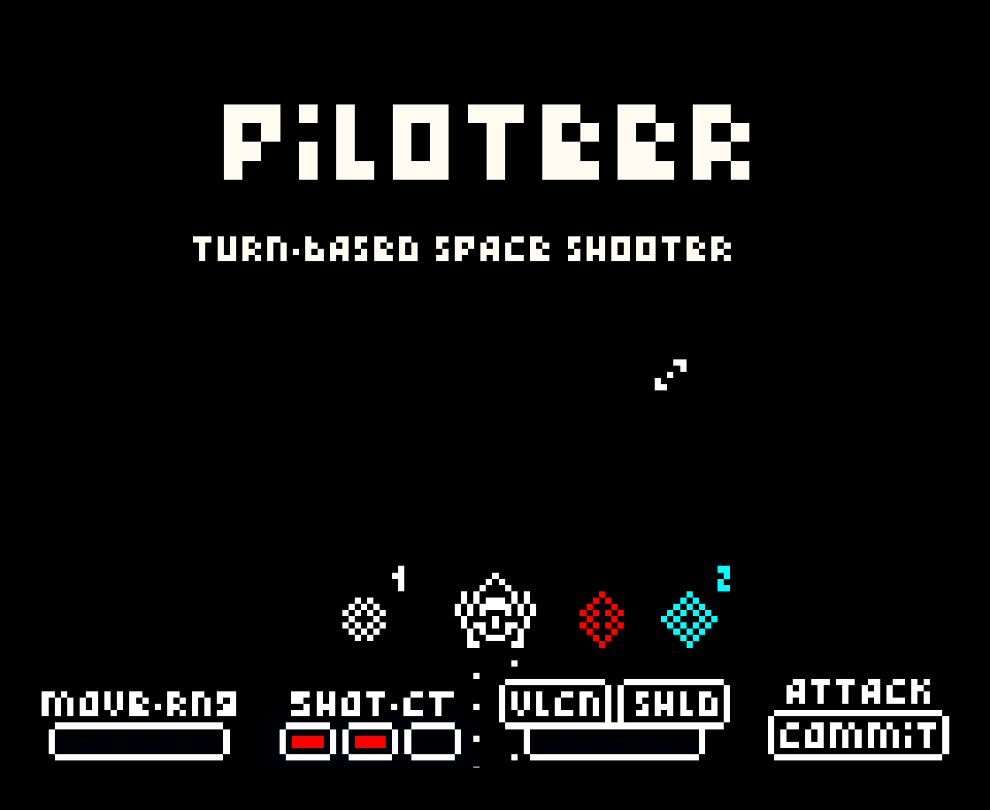 Authentic Piloteer pixel-art title and combat interface from the 2018 game jam