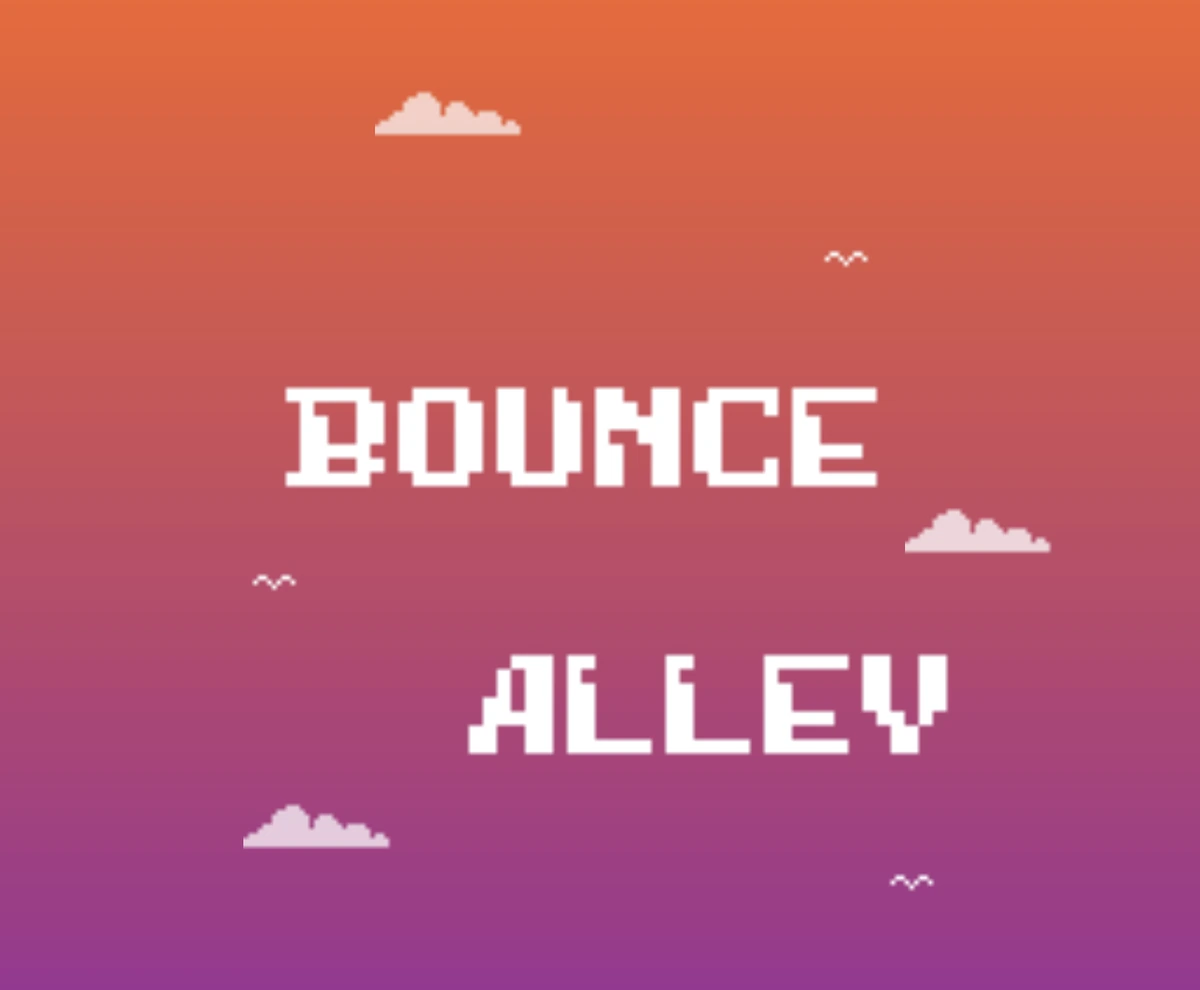 Official Bounce Alley pixel-art logo over its sunrise gradient sky