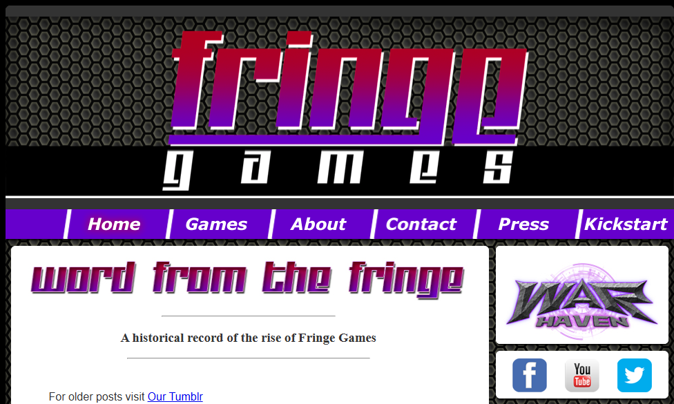 Original Fringe Games website, captured from its surviving archive