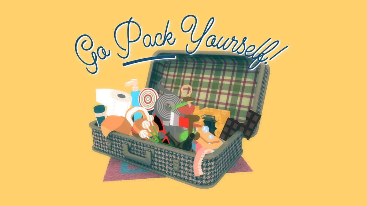 Go Pack Yourself official title artwork: a packed suitcase on a yellow background