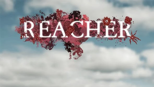 REACHER official artwork: a crimson ornate logo over clouds