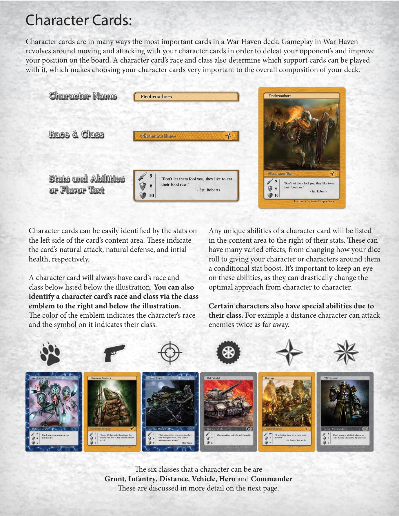 Manual page labeling character card features and illustrating six character classes