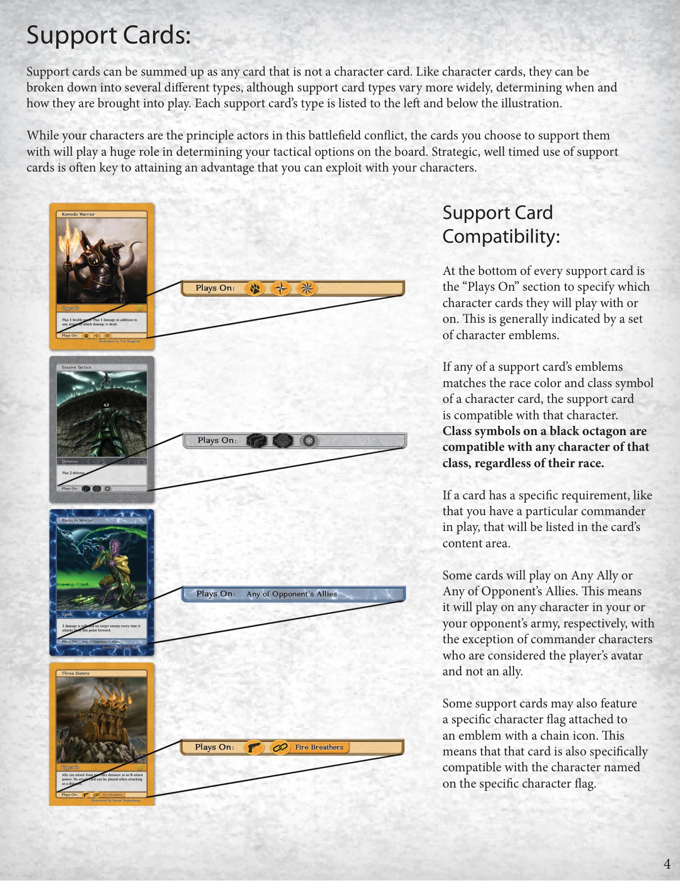 Manual page showing which character classes and races different support cards can be used with