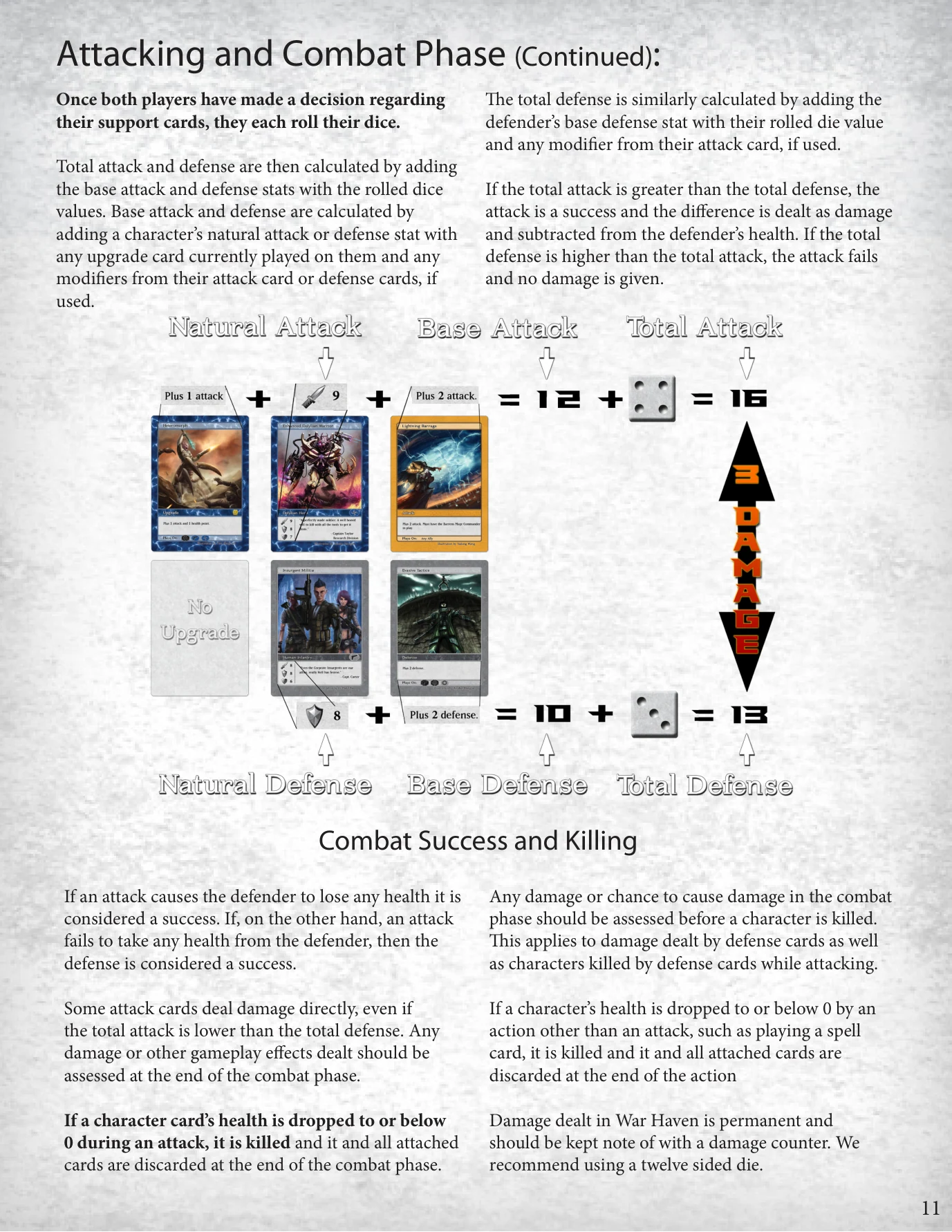 Manual page illustrating battle calculations with card artwork, stats, dice rolls and directional arrows