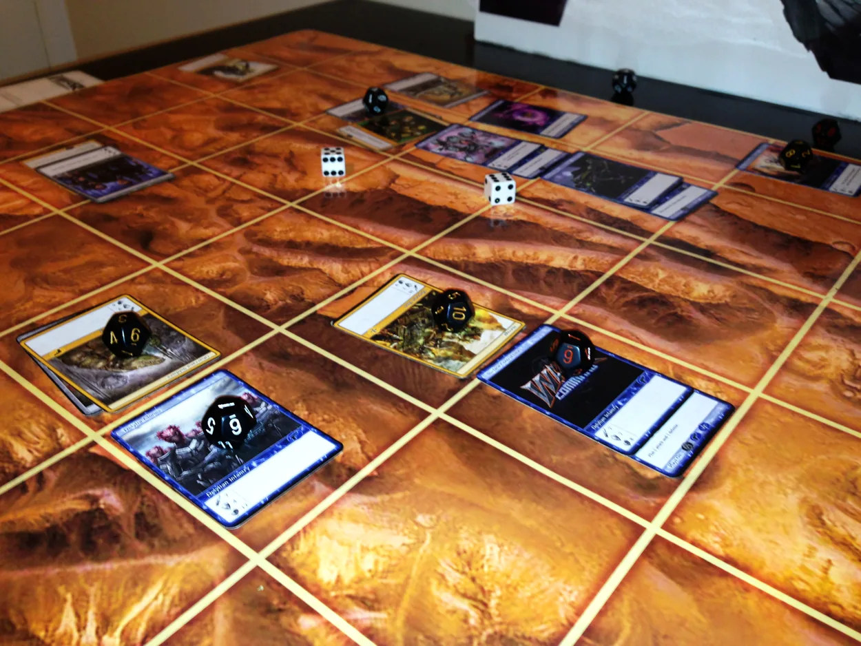 War Haven tabletop board and cards set out during a game, from the historical press kit