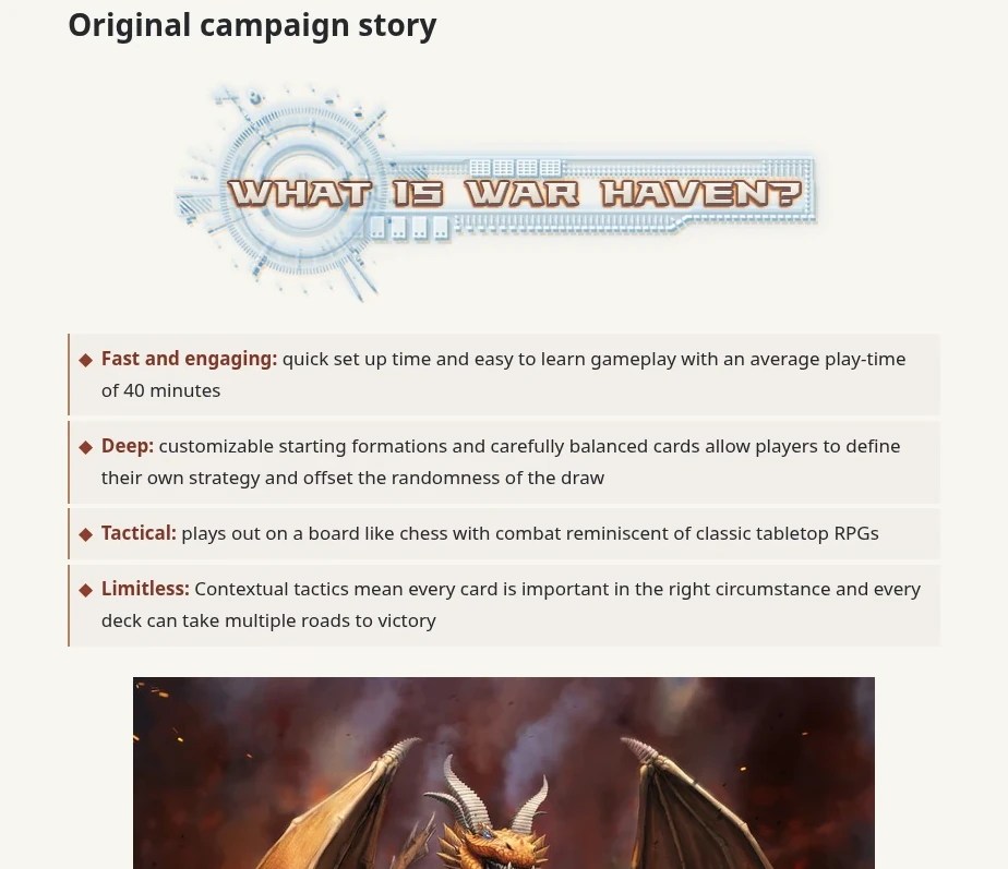 Preview of the reconstructed white-background War Haven Kickstarter campaign page, retaining its original logo and campaign artwork