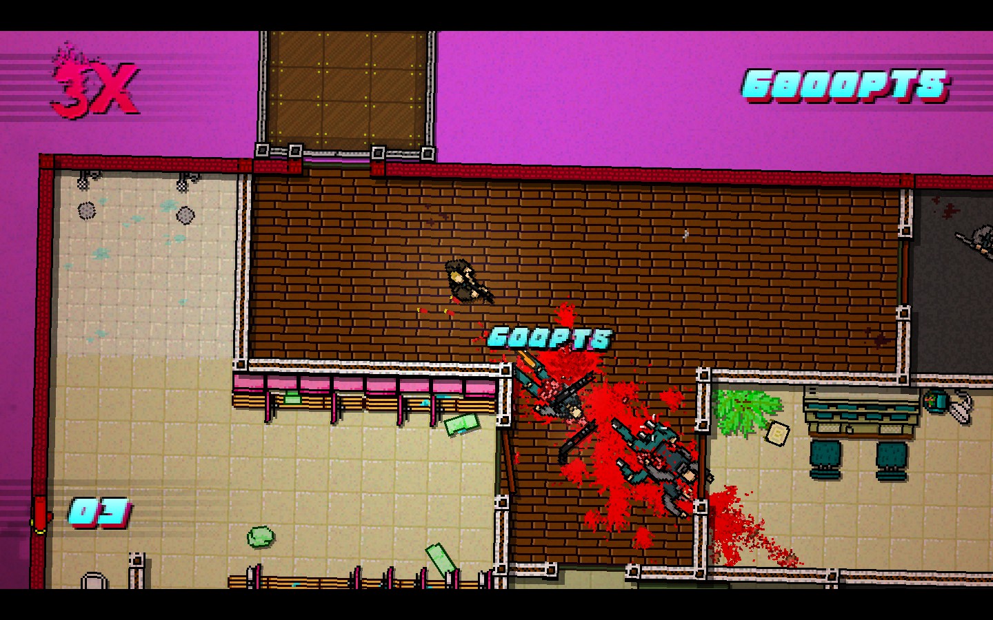 Hotline Miami 2 combat footage showing enemies clustered in a narrow passage.