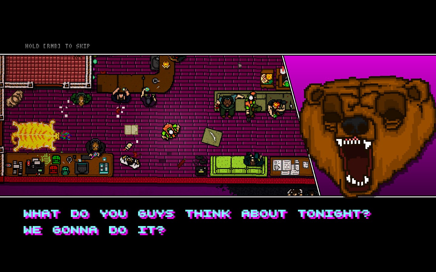 A masked character portrait appears above a dim scene with dialogue.
