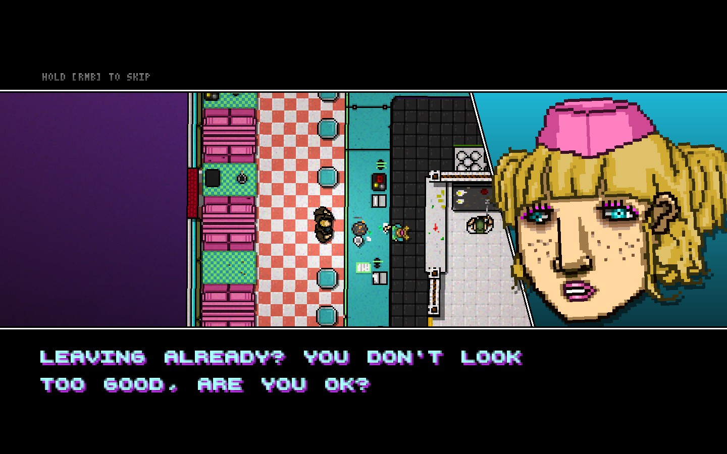 Dialogue portrait of a character with a yellow background and pixel-art subtitles.