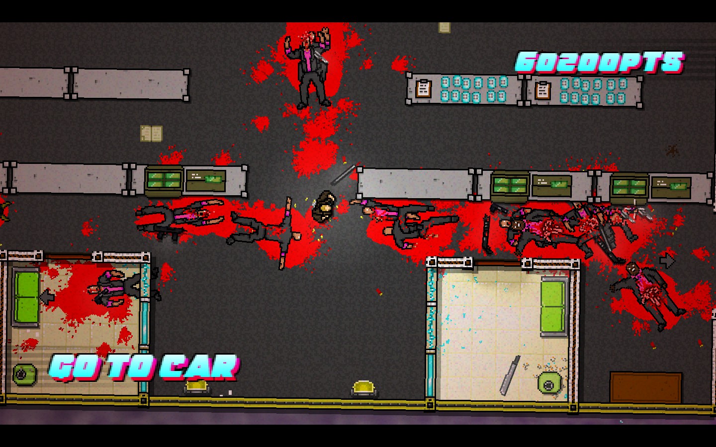 A heavily bloodstained room, with the pixel text “GO TO CAR.”