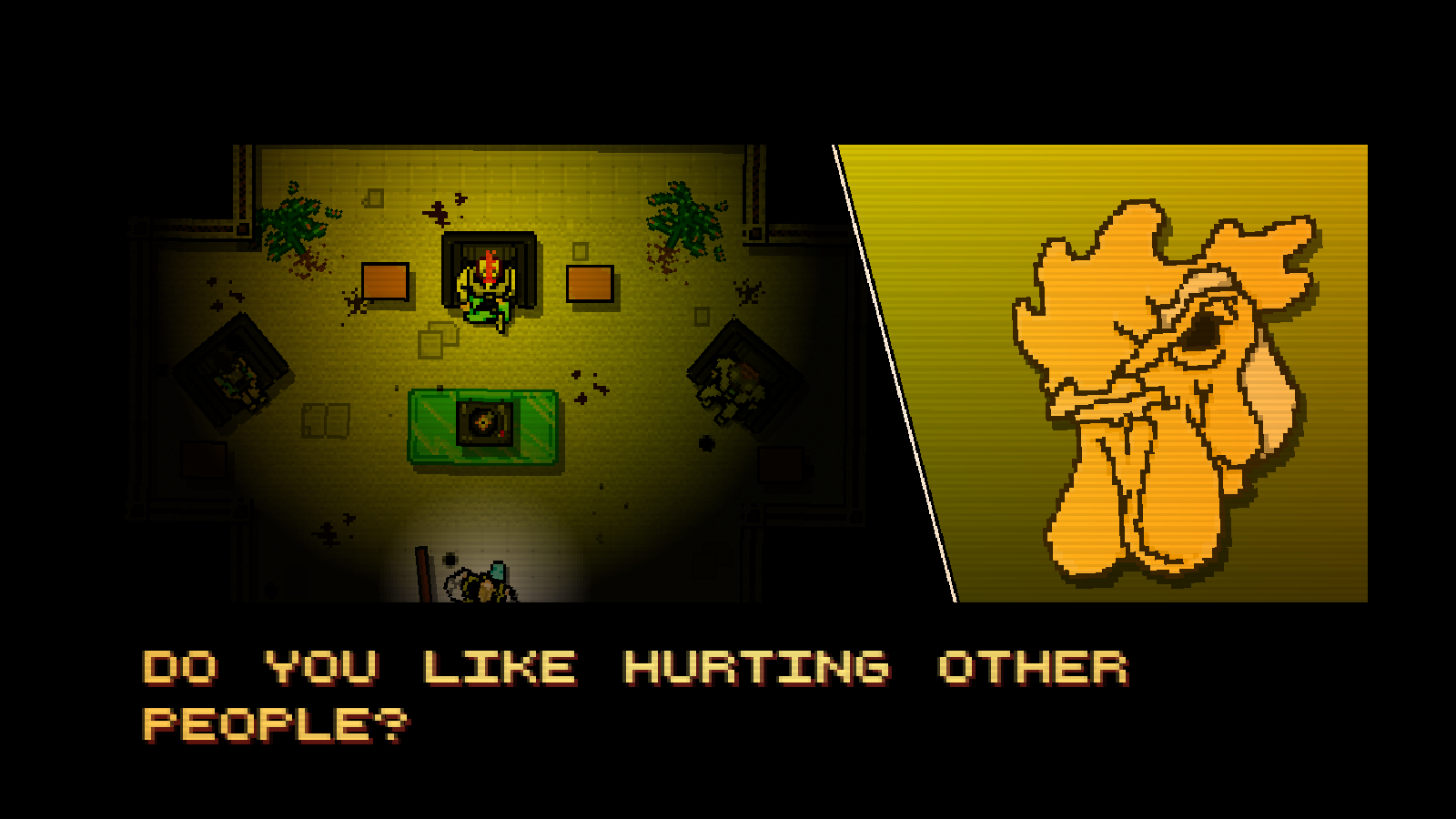 The game’s question “Do you like hurting other people?” appears in amber pixel letters.
