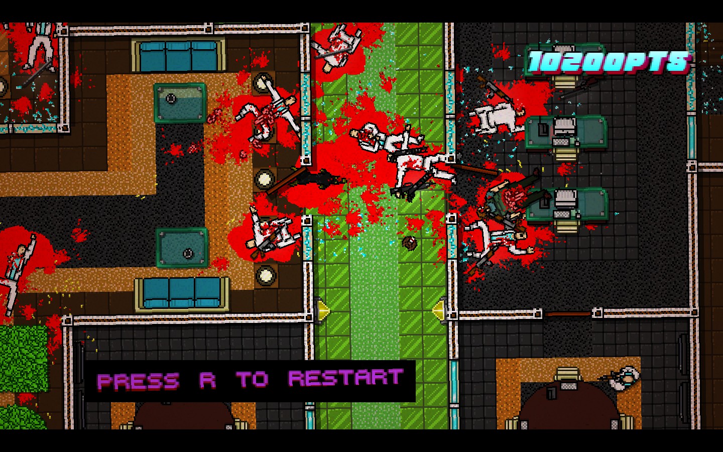 A character dies in a crowded room, with the “press R to restart” prompt.