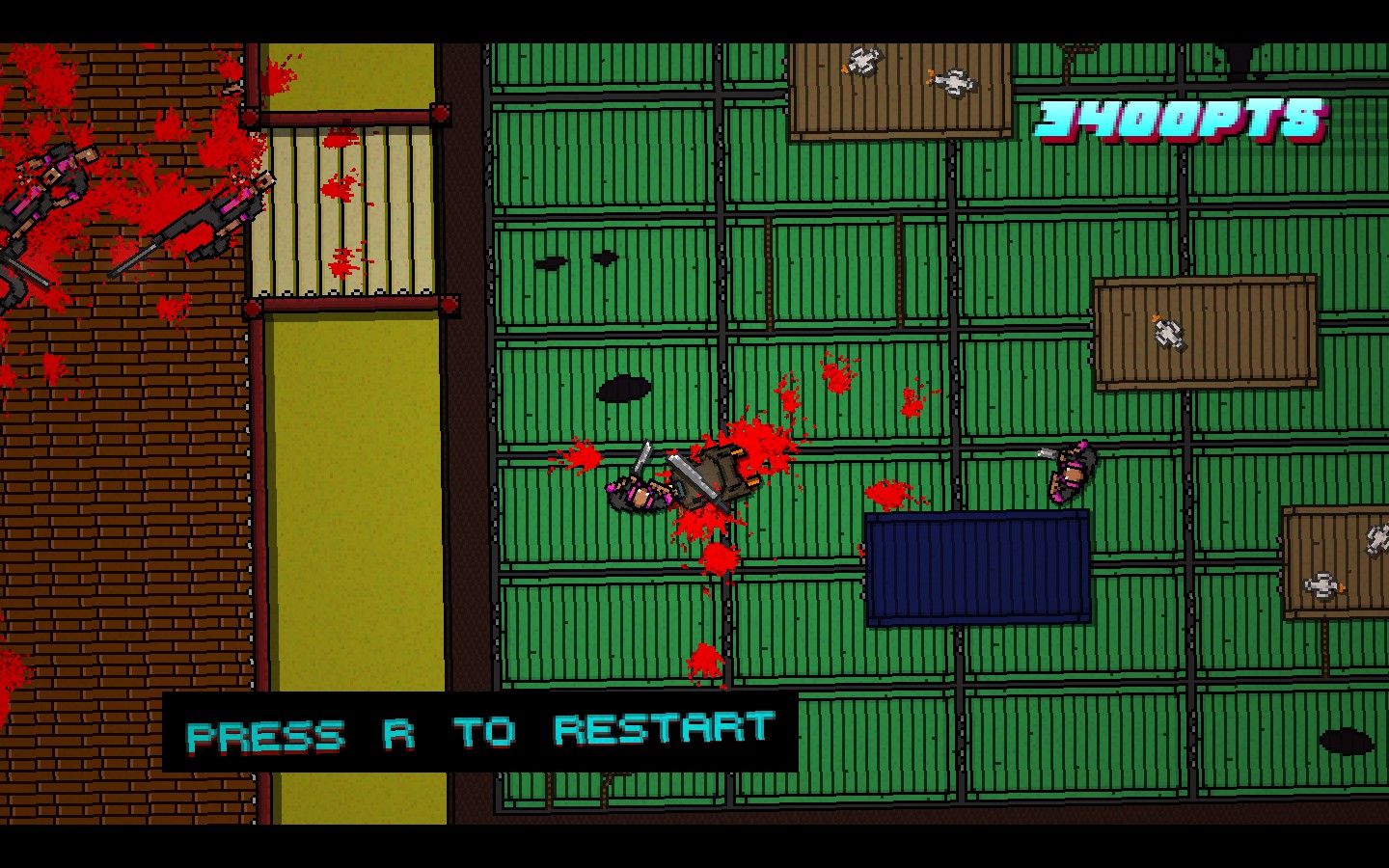 Hotline Miami 2 gameplay, viewed from above, with multiple enemies and a score counter.