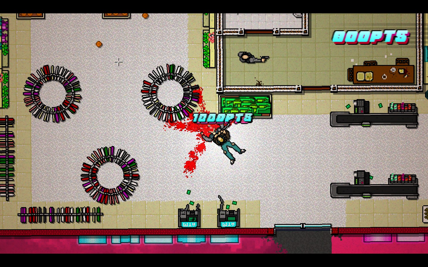 Top-down gameplay showing an action scene in a restaurant.