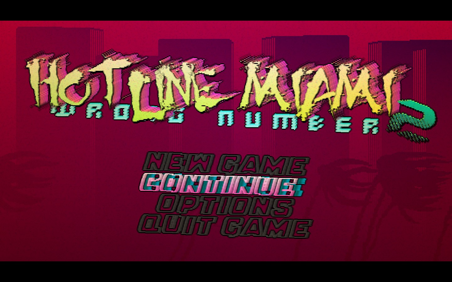 Original Hotline Miami 2 title-screen screenshot captured in 2015