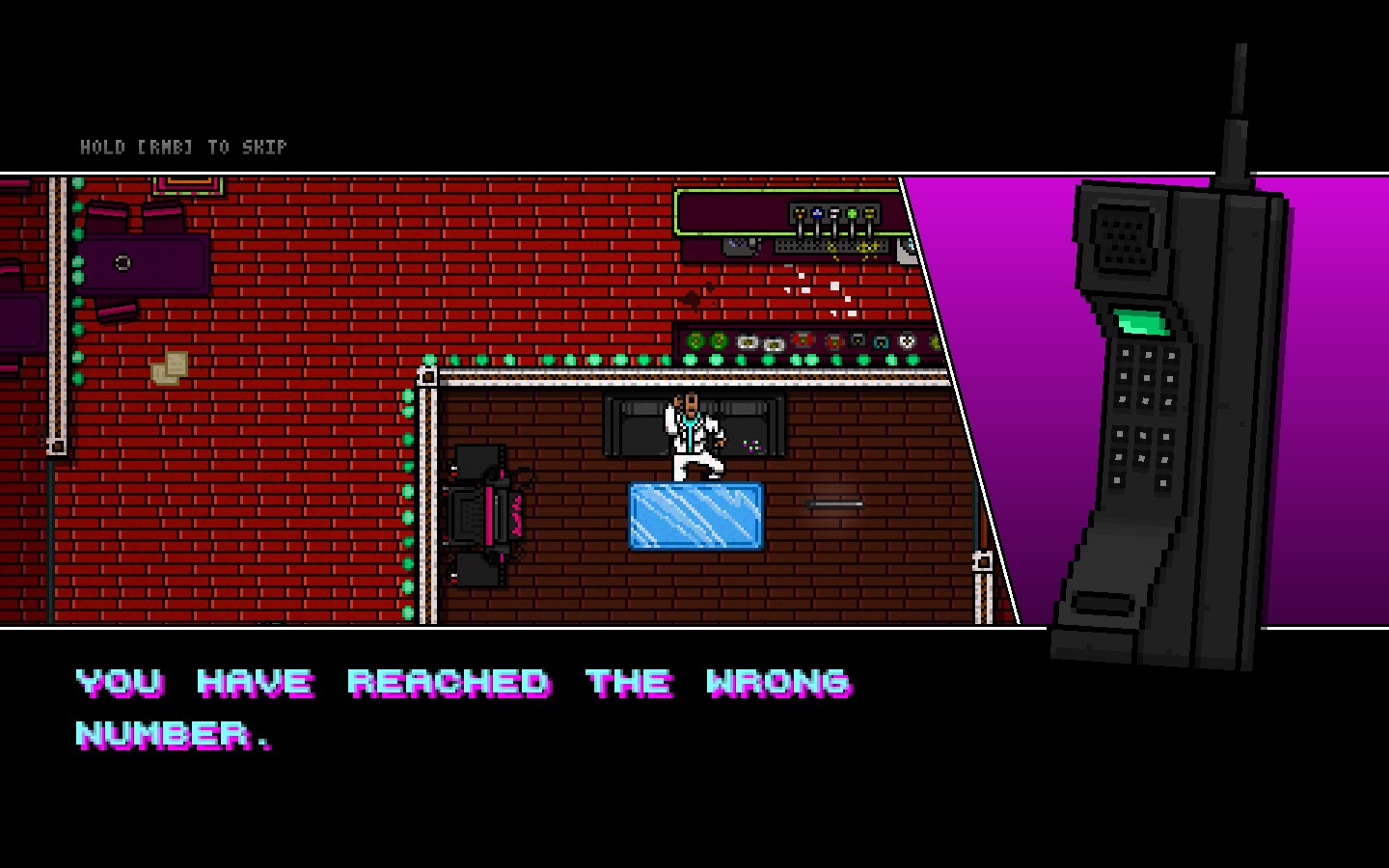A scene featuring a ringing telephone and a character by a bar.